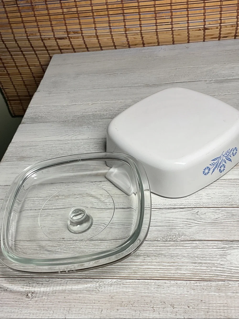 Corningware White Casserole Dish with Blue Floral Pattern and Glass Lid